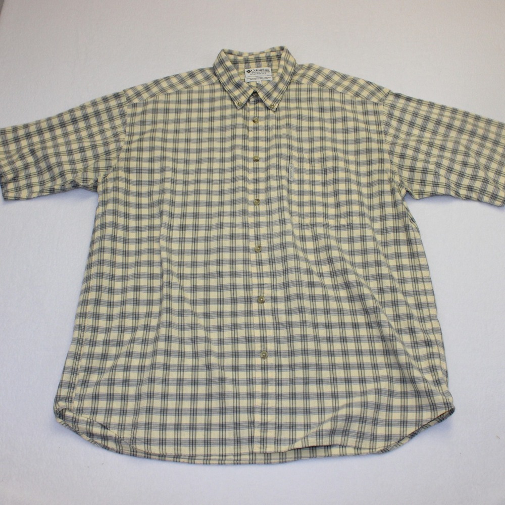Columbia Sportswear Mens XXL Yellow Blue Plaid Short Sleeve Button Down Shirt